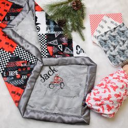Personalized Matching baby Gift, Motocross Minky Blanket, Dirt Bike Baby Blanket Set-Knit Swaddle Blanket- Burp Cloths