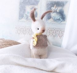 Baby Bunny Doll with clothes, White Rabbit plush animal, Rabbit Toy, Woodland Nursery Decor, Collectible Stuffed doll