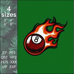 Eight Embroidery Design, billiard ball 8 Stussy burning fire logo, 4 sizes