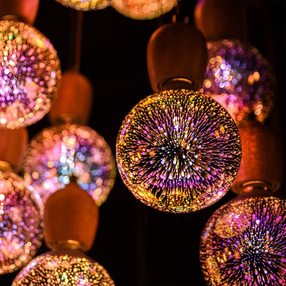 Closeup of Galaxy Light Bulb displaying intricate 3D galaxy patterns