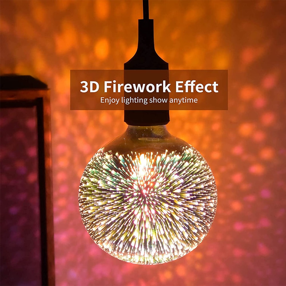 Infinity 3D Fireworks LED Bulb creating a mesmerizing galaxy effect in a living room