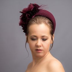 Burgundy wedding fascinator hat for mother of the bride or mother of the groom