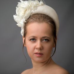 Wide bridal halo headband crown, bridal half flower crown, bridal hairband, large bridal headpiece, wedding fascinator headband