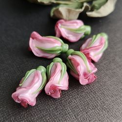 Pink Rose 3 pcs Handmade Lampwork Glass Flower Beads, Pink Flower Beads Perfect for unique artisan jewelry making project