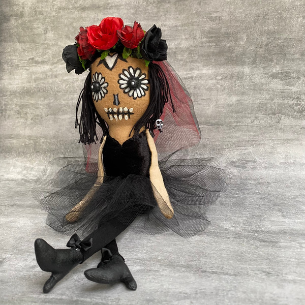 Halloween doll . Sugar skull doll . Handmade Rag  doll.
