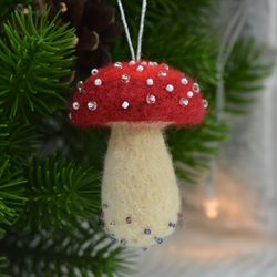 Mushroom christmas toy. Fly agaric ornament. Felted christmas ornament
