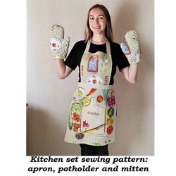 Kitchen set pattern, Apron sewing pattern, Potholder sewing pattern, Mitten quilt pattern, Oven mitt sewing pattern