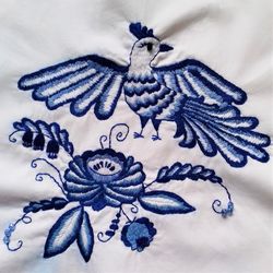 Hand embroidery pattern, Satin stitch embroidery pattern, Bird embroidery pattern, Blue white embroidery pattern, Gzhel