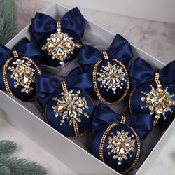 Luxury Christmas ornaments, Handmade balls, Xmas decorations, Tree decor set, navy blue baubles, christmas clearance