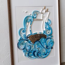 Original quilled wall art - Quilling Ship in waves - Unique decor