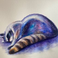 Original Raccoon Watercolor Painting, Sleeping Raccoon Watercolor, Magic Painting, Cottagecore Decor, Woodland Painting