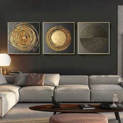 Set of 3 Painting Gold Leaf Abstract, Modern Acrylic Painting on Canvas, Large Gold leaf Abstract Painting
