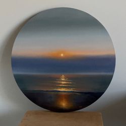 Original Sunrise Ocean Oil Painting, Round Canvas Painting, Original Canvas Art, Seascape Painting, Ocean Wall Decor