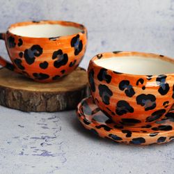 Tea set leopard, cappuccino cup and saucer, handmade spotted set of dishes, ceramic  mug 6oz.