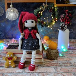 Crochet Christmas doll pattern with knitting clothes, crochet doll pattern with gingerbread Man amigurumi Eng PDF