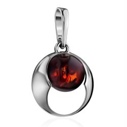 silver pendant baltic amber, sterling silver 925, stamped, rhodium plating, cherry color amber