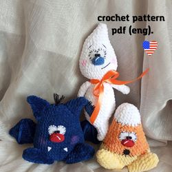 Crochet Halloween Decoration, crochet pattern, bat ghost, candy corn