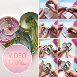 Digital template and VIDEO TUTORIAL with English subtitles how to make heart with peony in quilling technique