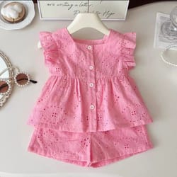 new korean style girls summer pink cotton suit, baby hollow small flying sleeve top shorts two-piece set