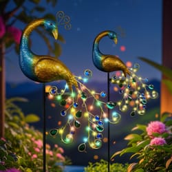 elegant iron art solar peacock stake light, multicolor warm white weatherproof outdoor decor for garden yard pathway