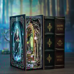 diy book nook kit, miniature dollhouse bookshelf insert with led light & dust cover – the gate of wonderland