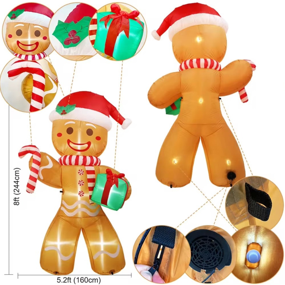 Christmas Inflatables Gingerbread Man 8FT Outdoor Xmas Yard Decorations Gift Pack With LED Lights F