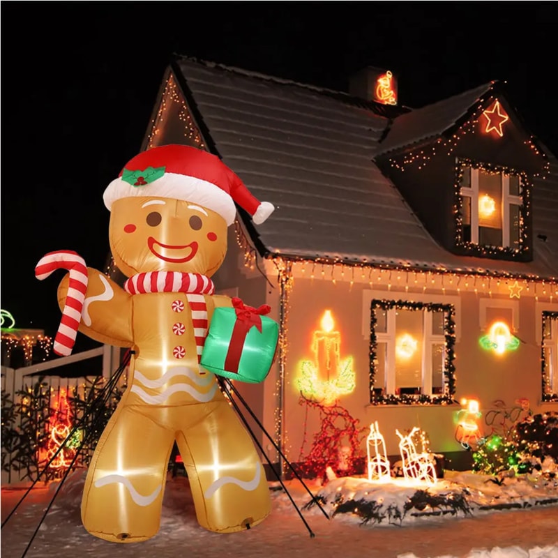 Christmas Inflatables Gingerbread Man 8FT Outdoor Xmas Yard Decorations Gift Pack With LED Lights F