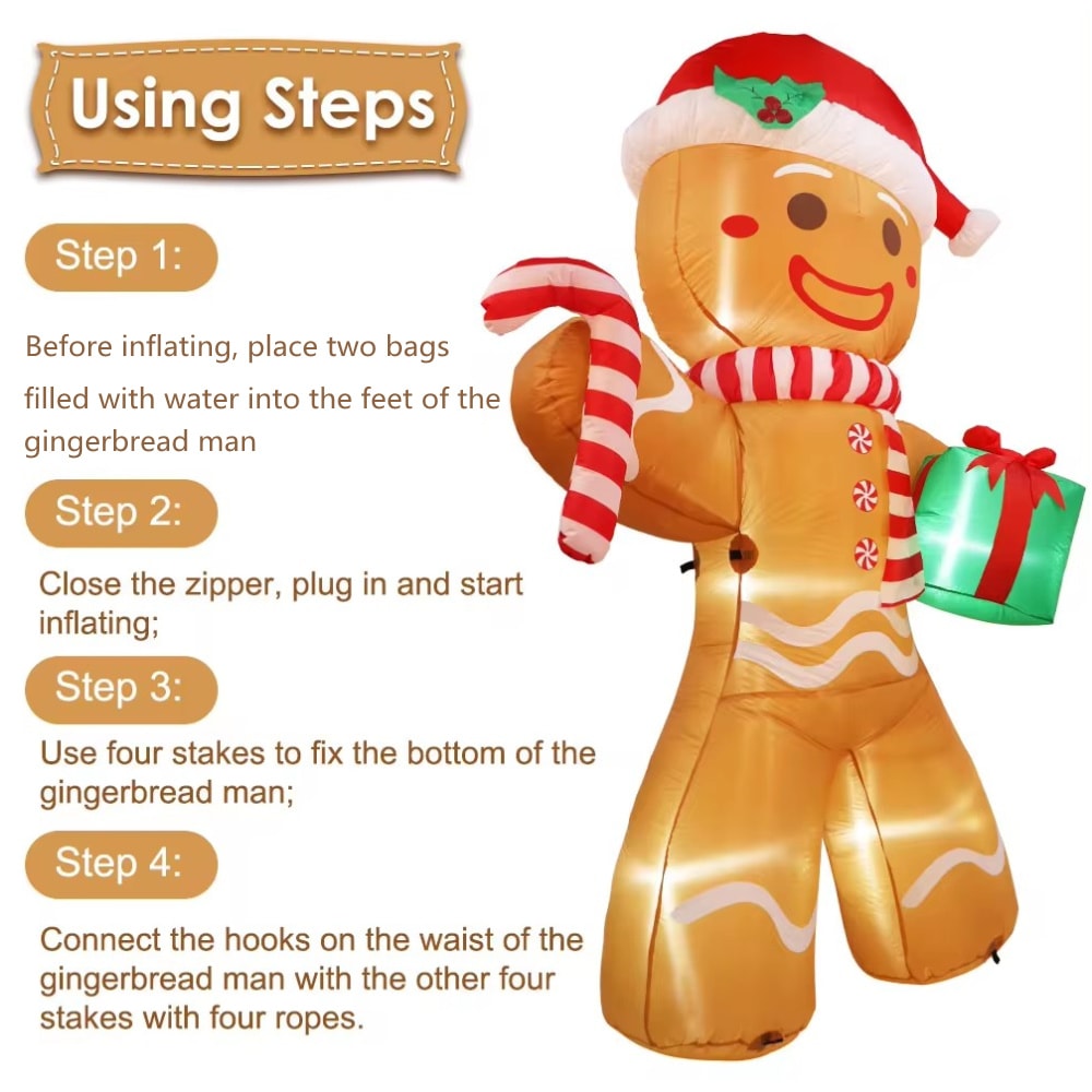 Christmas Inflatables Gingerbread Man 8FT Outdoor Xmas Yard Decorations Gift Pack With LED Lights F