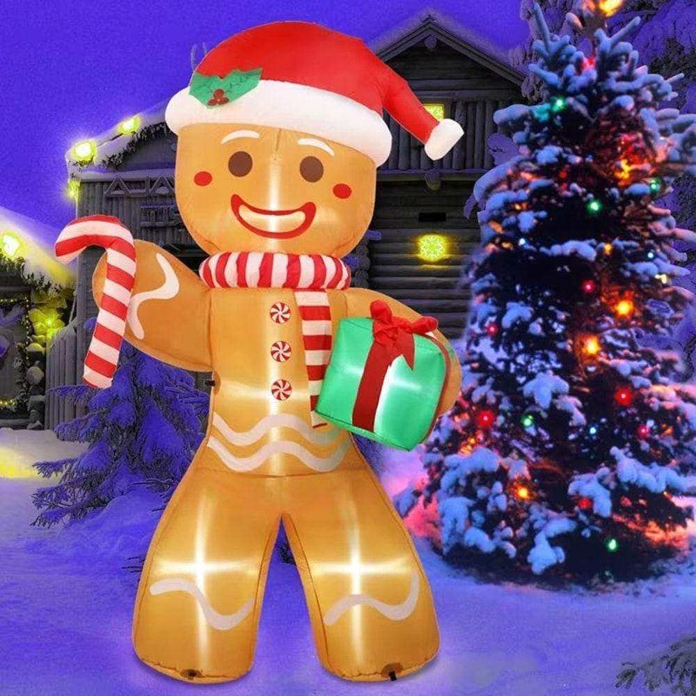 Christmas Inflatables Gingerbread Man 8FT Outdoor Xmas Yard Decorations Gift Pack With LED Lights F
