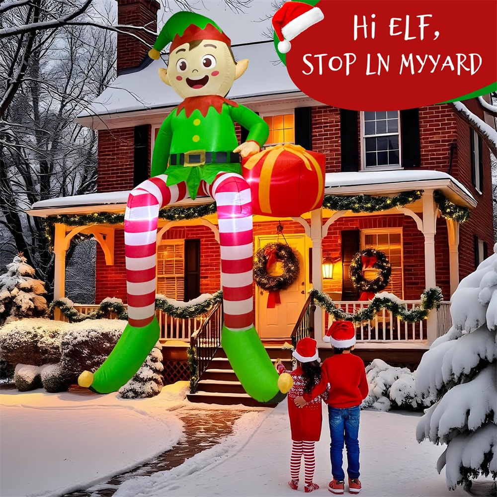 Christmas Inflatable Sitting Elf Builtin LED Outdoor Beam Roof Tree Party Yard Decoration 2