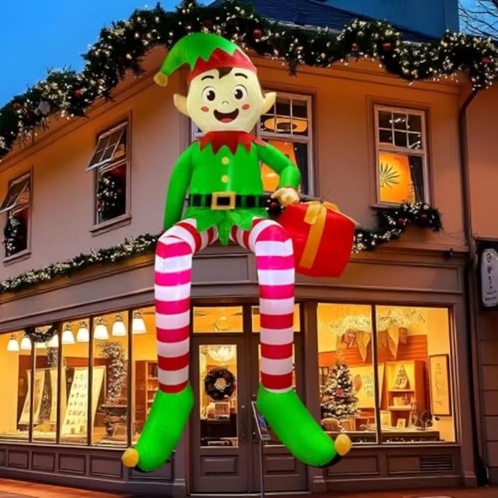 Christmas Inflatable Sitting Elf Builtin LED Outdoor Beam Roof Tree Party Yard Decoration 0