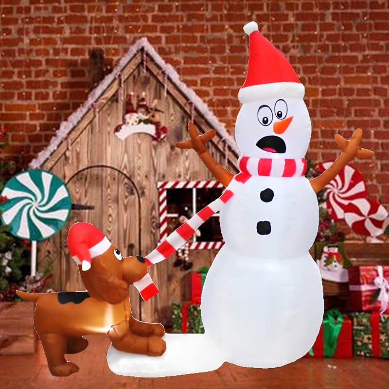 Christmas Inflatable Dog Bites Snowman Scarf Glowing LED Lamp Cartoon Model Decoration Outdoor Lawn