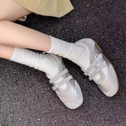 womens silver gray lace-up sneakers, lightweight suede & mesh comfort shoes with white socks for casual wear