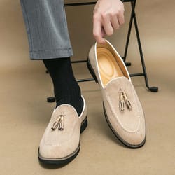 luxury tassel leather slip on loafers for men, round toe patchwork suede dress shoes, fashion formal footwear