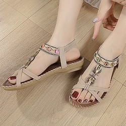 bohemia style womens gemstone sandals, low heel beach sandals for women, comfortable summer sandal shoes