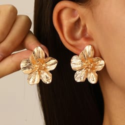 gold color stainless steel flower stud earrings for women, vintage metal earrings for girls, trendy daily wear jewelry