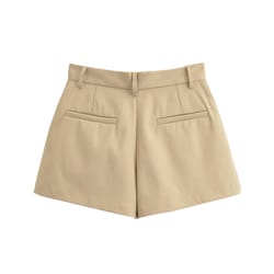 topenomi vintage shorts, women high waist straight short pants, korean fashion, versatile streetwear, khaki button short