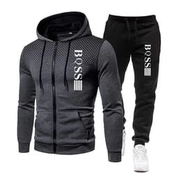 men's print tracksuit set, zipper hooded sweatshirt and jogger sweatpants, casual fitness sports suit