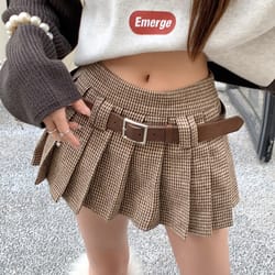 woolen pleated mini skirt, low rise houndstooth with belt, ladies autumn winter outfit