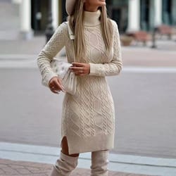 elegant winter knit sweater dress with wrap hip skirt and high neck