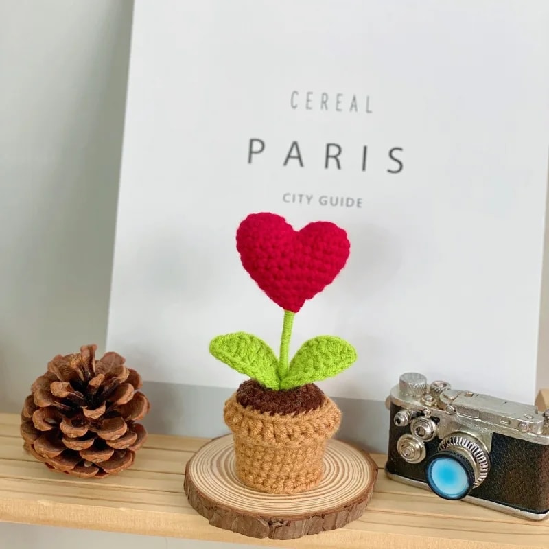 Handmade Knitted Flower Pot, Red Heart Shaped Planter, Valentine's Day Gift, Home Desktop Decor