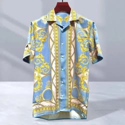 men high-quality short sleeved shirt with luxurious golden baroque string print, cuban collar shirt, suitable for street