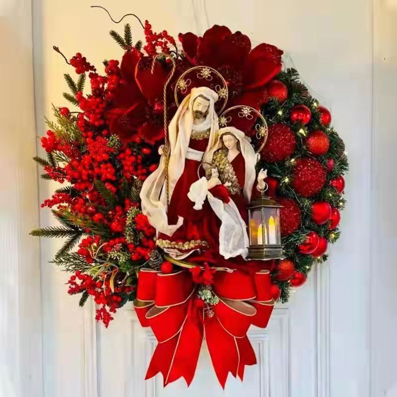Elegant Pre Lit Christmas Wreath For Front Door Garland With LED Lantern And Large Bow For Holiday 0