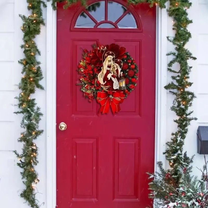Elegant Pre Lit Christmas Wreath For Front Door Garland With LED Lantern And Large Bow For Holiday 3