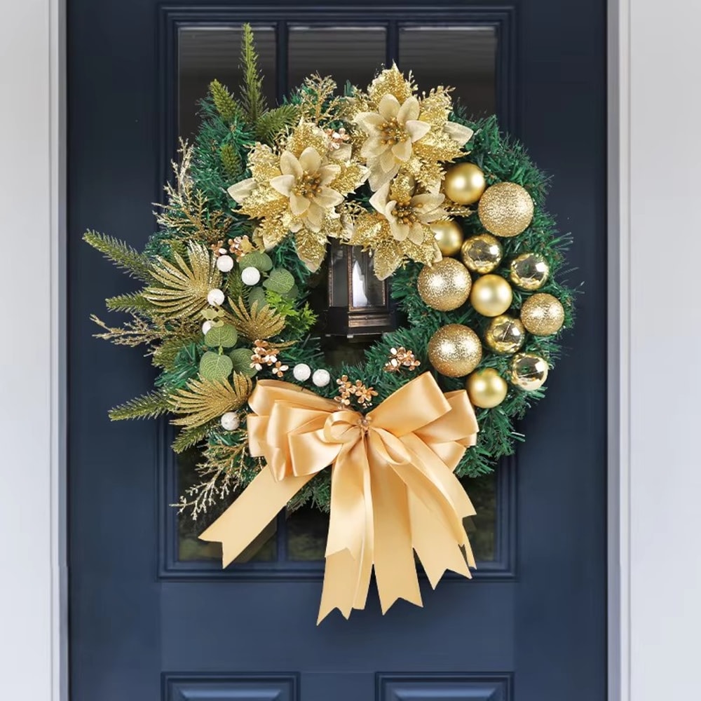 Elegant Pre Lit Christmas Wreath For Front Door Garland With LED Lantern And Large Bow For Holiday 4