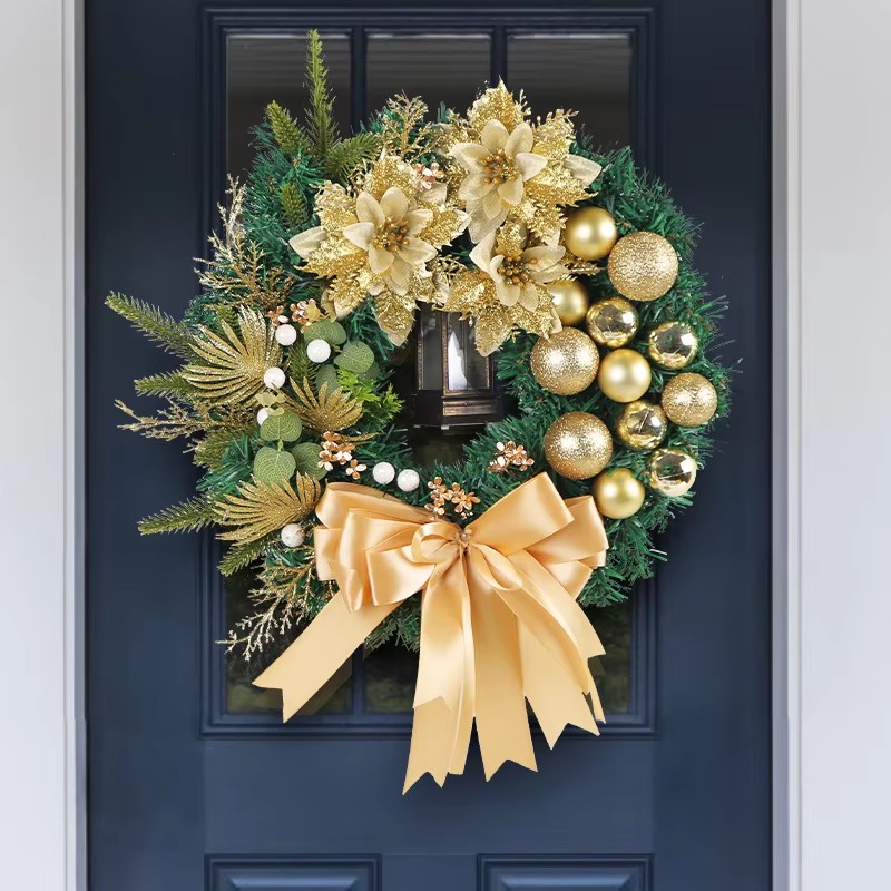 Elegant Pre Lit Christmas Wreath For Front Door Garland With LED Lantern And Large Bow For Holiday 4