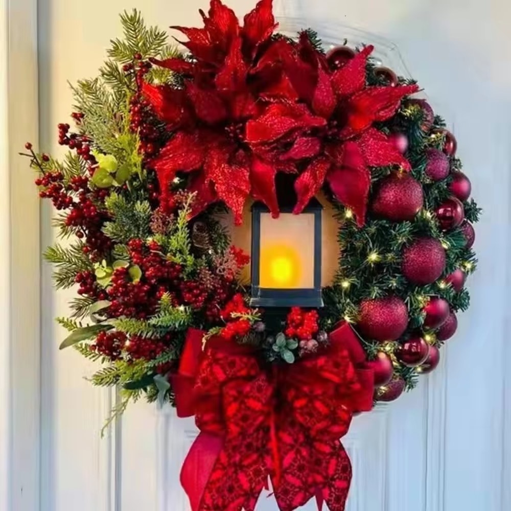 Elegant Pre Lit Christmas Wreath For Front Door Garland With LED Lantern And Large Bow For Holiday 6