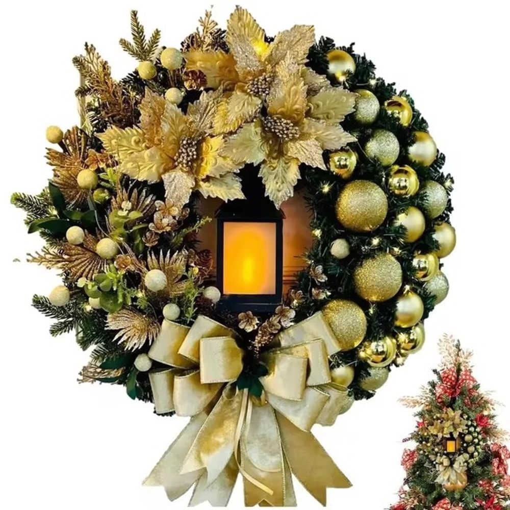 Elegant Pre Lit Christmas Wreath For Front Door Garland With LED Lantern And Large Bow For Holiday 7