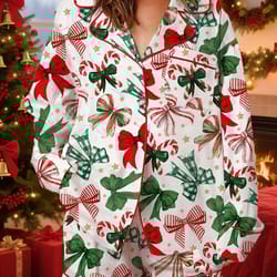 Women Festive Holiday Pajama Long Sleeve Lapel Shirt, Wide Leg Shorts, Christmas Print Sleepwear Collection