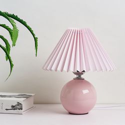 decorative vintage pleated table lamp – ceramic base with led e27 tricolor bulb, night light for bedroom